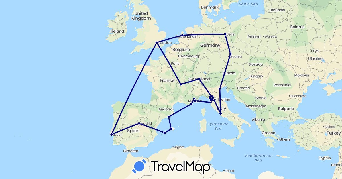 TravelMap itinerary: driving in Switzerland, Czech Republic, Germany, Spain, France, United Kingdom, Italy, Monaco, Netherlands, Portugal (Europe)